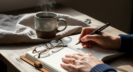 Hands hold a fountain pen over an open journal, with a steaming coffee mug and glasses on a...の写真素材