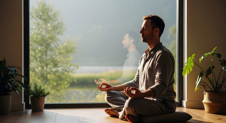 A man in a light grey outfit meditates in a lotus pose indoors, with a reflection in a large...