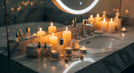 A marble bathroom vanity various skincare products and lit candles, casting a warm, soft glow.
