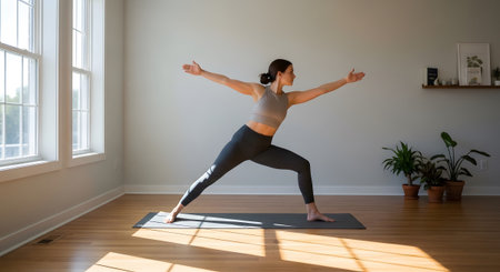 Woman performs Warrior II yoga pose on a mat in a bright room with sunlight streaming through...