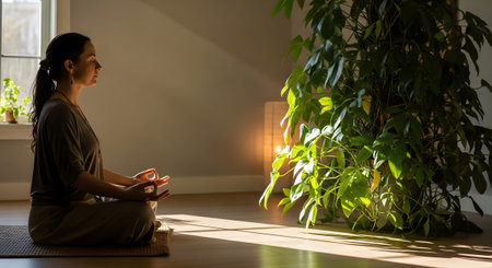 A woman sits cross-legged in a lotus pose, eyes closed, with sunlight casting shadows on the...の写真素材