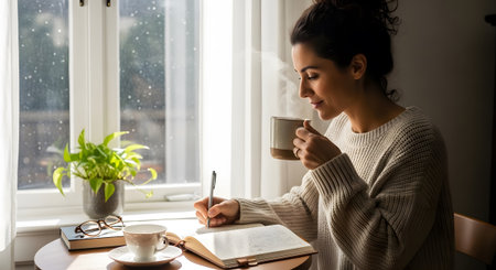 A woman enjoys a hot drink and writes in a journal by a window with a potted plant and...
