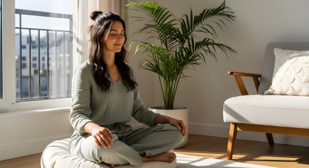 A woman in light green loungewear meditates with eyes closed on a large round cushion in a...の写真素材