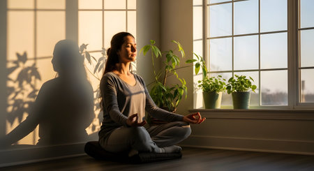 A woman meditates in lotus pose by a window, with sunlight and plant shadows creating patterns...の写真素材