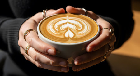 Rings showing hands wearing gold rings holding a white cup of latte coffee with a heart...