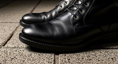 Leather showing black leather lace-up boots with detailed stitching and textured surface on a...