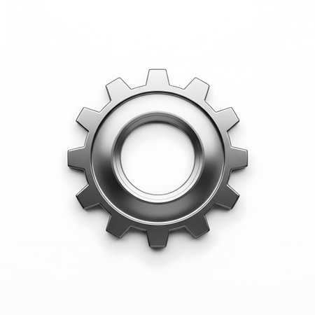 A highly detailed silver metal gear cogwheel featuring an inner ring and precisely shaped teeth,...の写真素材