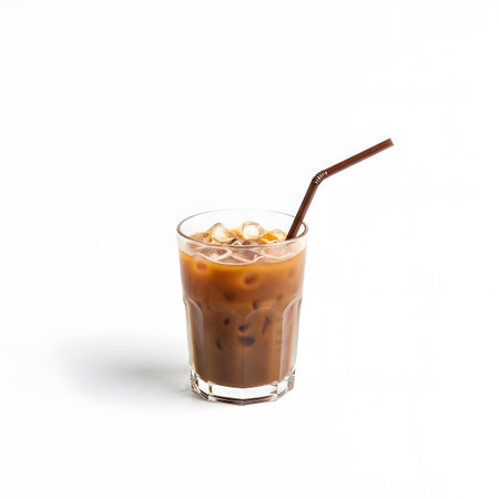 A tall glass filled with iced coffee, milk, and ice cubes, with a brown straw inserted....