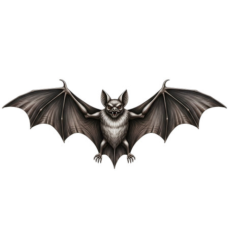 Spread showing detailed of a gray bat with wings spread wide on white background.