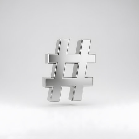 A polished silver 3D hashtag symbol is presented with soft lighting and a gentle shadow.
