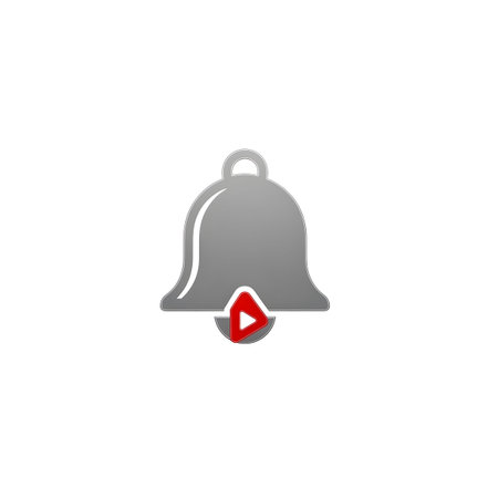 A gray bell is overlaid with a red play button symbol on a clean white background....