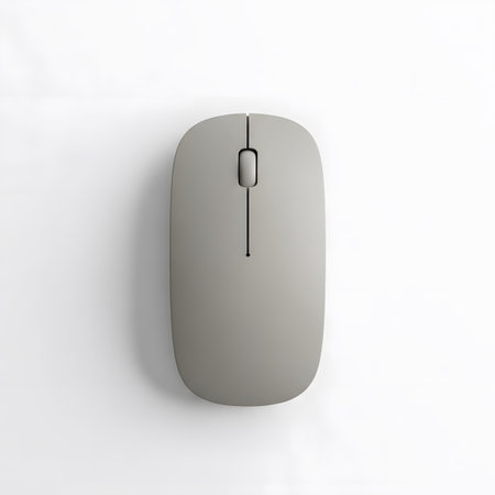 Gray showing view of a sleek light gray wireless computer mouse with a central scroll wheel on...