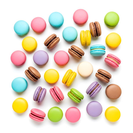 Colorful macaroons isolated on white background. Top view.