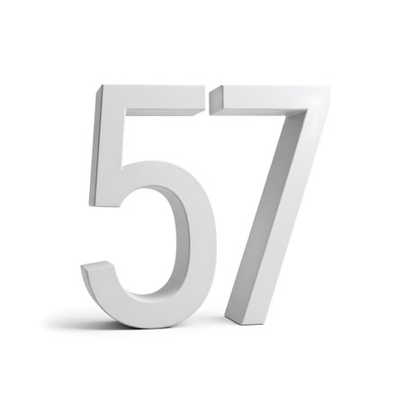 3D right leaning white number 57, 3D rendering graphic isolated white background