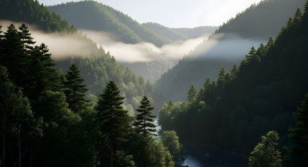 Panoramic view of a mountain river in the morning mist.