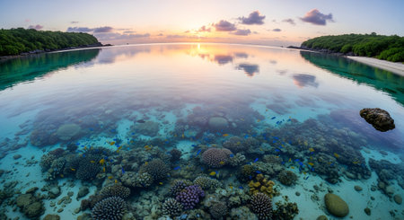 Panorama of beautiful coral reef and tropical fish at sunset in Maldives