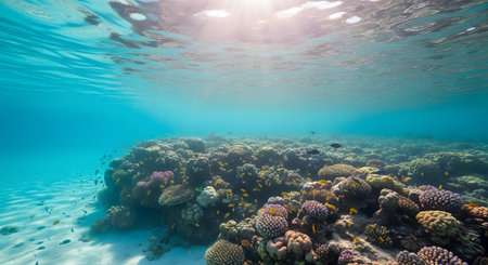 Underwater view of a tropical coral reef with hard corals and fish