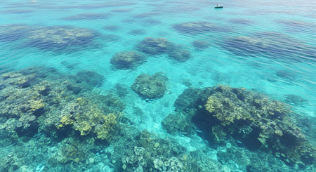 Aerial view of coral reef with blue sea water. Seascape