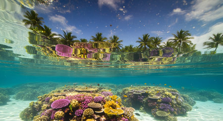 Underwater view of tropical coral reef with fishes and palm trees.