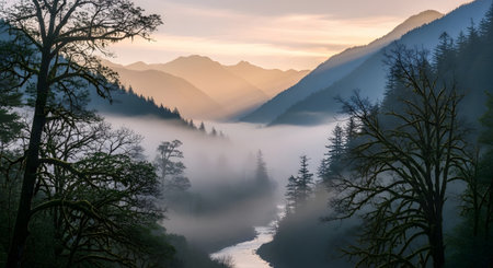 Sunrise in the mountains with fog and mist over the river.
