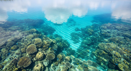Underwater view of the coral reef at the bottom of tropical sea