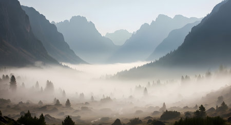 Panoramic view of the valley in the morning fog. Dolomites, Italy