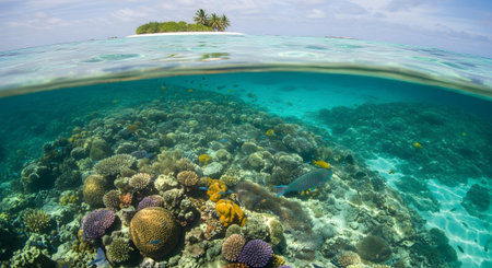 Underwater view of tropical coral reef with fishes and corals at Maldives