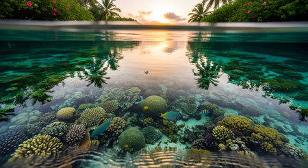 Tropical coral reef with hard corals and fishes at sunset
