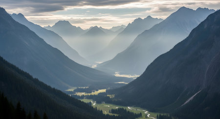 Panoramic view of alpine valley at sunset, Switzerland.