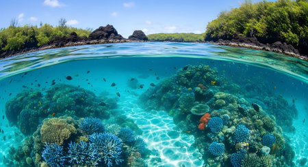 Underwater view of tropical coral reef with fish and marine life.