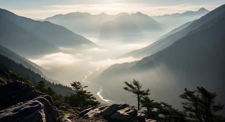 Foggy morning in the mountains. View from the top of the mountain.