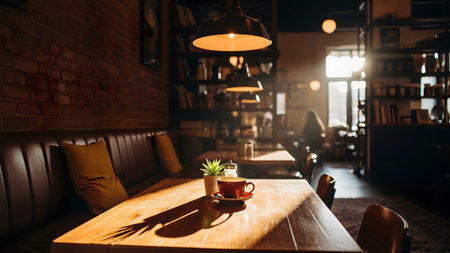 Coffee cup on wooden table in coffee shop, stock photo