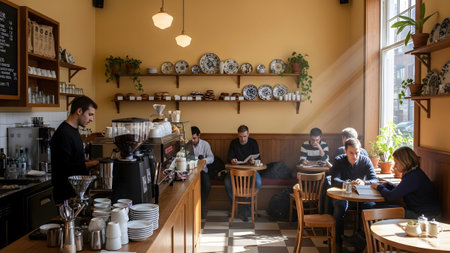 Barista making coffee in a coffee shop with customers in the background