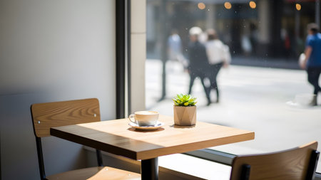 Coffee cup on wooden table in coffee shop with people background