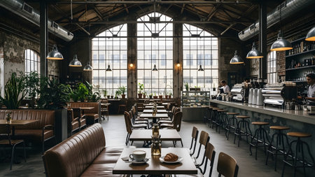 Coffee shop interior in loft style with tables and chairs.