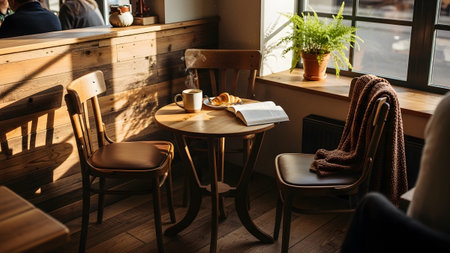 Coffee cup and book on table in cafe, stock photo