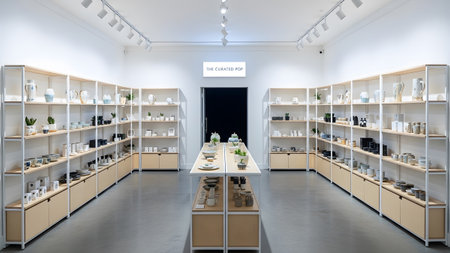 A professional 3D render of a pop-up boutique titled The Curated Pop showcasing minimalist white metal shelving units holding curated ceramic pieces and home decor. The layout is optimized for a clean modern aesthetic suitable for lifestyle brands.