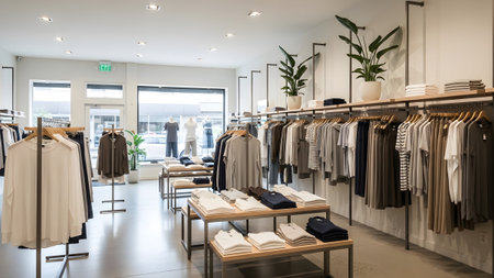 This bright and airy clothing store interior features a wide array of casual wear neatly displayed on wooden hangers and folded on tables. The space is enhanced by large windows that flood the store