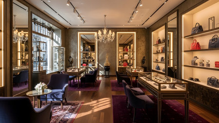 This lavish jewelry and accessories boutique exudes opulence with its rich dark wood floors plush purple rugs and shimmering chandeliers. Exquisite display cases accented with gold showcase a dazzling collection of jewelry and designer handbags. Elegant velvet armchairs invite customers to enjoy a luxurious and personalized shopping experience. Ornate mirrors reflect the grand interior enhancing the sense of exclusivity and high-end luxury perfect for discerning clientele.