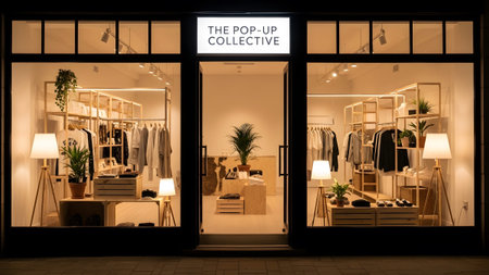 A welcoming boutique storefront illuminated at night showcasing a curated interior of clothing and home accessories. The window displays feature floor lamps and wooden crates inviting passersby into the warm stylish space.