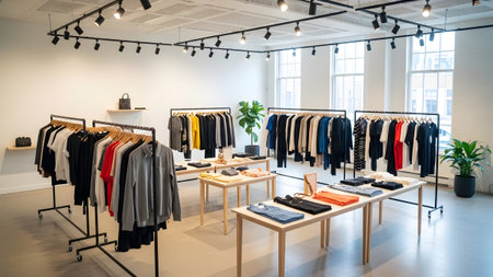 A clean and modern clothing boutique featuring black metal clothing racks wooden tables and bright white walls. The store is well-lit with track lighting and features a curated selection of apparel creating an inviting and organized retail space.