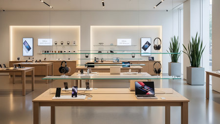 A minimalist state-of-the-art electronics retail store featuring sleek glass shelves wooden tables and high-tech gadgets like headphones smartphones and laptops. The bright open-concept layout emphasizes a clean professional and accessible shopping environment for tech enthusiasts.