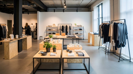 An open-concept clothing store featuring industrial ceiling elements paired with warm wooden display tables. Customers browse racks of clothing in this contemporary well-lit retail space.