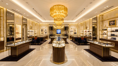 A luxurious and opulent jewelry store interior featuring a grand glowing chandelier as a centerpiece. The space is adorned with gold accents high-end display cases and a polished marble floor creating a prestigious shopping environment.