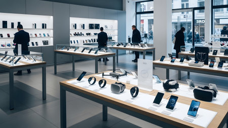 A spacious and minimalist electronics store featuring organized display tables showcasing the latest smartphones smartwatches and virtual reality headsets. Customers can be seen browsing the sleek shelves in a bright and contemporary retail environment designed for tech enthusiasts.
