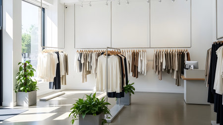 A contemporary retail setting for a fashion store featuring an abundance of hanging garments displayed on sleek overhead racks. The space is characterized by its clean white walls polished floors and large windows that provide ample natural light. Potted plants are strategically placed throughout the store adding a fresh natural element to the minimalist aesthetic. A minimalist reception desk is visible contributing to the organized and inviting atmosphere.