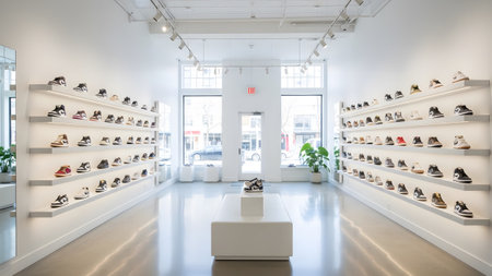 A bright modern sneaker boutique featuring clean white wall shelving displaying a wide collection of athletic footwear. The center of the room features a prominent white pedestal and a clean minimalist aesthetic.