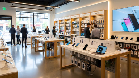 A bright and airy technology retail space featuring long white tables filled with the latest smartphones tablets and laptops. Customers browse the products in a clean industrial style environment with exposed ceilings and large windows. Digital screens on the walls display vibrant product advertisements.
