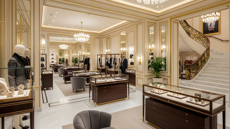 A stylish and modern fashion boutique interior is presented featuring clean lines and sophisticated decor. Display cases showcase high-end jewelry and accessories while mannequins are dressed in elegant attire. Soft lighting and mirrors create an open and inviting atmosphere complemented by comfortable seating areas and a prominent staircase with ornate railings.