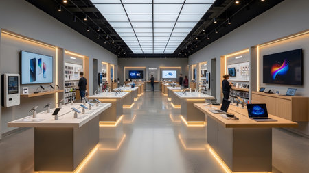 An ultra-modern technology showroom featuring illuminated product tables digital wall displays and a clean minimalist layout. The space is optimized for showcasing premium electronic devices to customers.